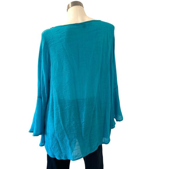VALERIE STEVENS~ Women’s Teal Bell Sleeve Blouse Crochet Trim Size 1X - Picture 10 of 11